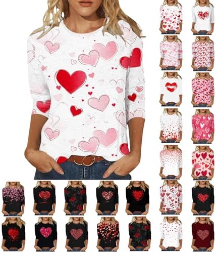 Valentines Shirts for Women Love Heart Printed Graphic 3/4 Sleeve Loose Casual Tees Crewneck T-Shirts Blouse Pullovers