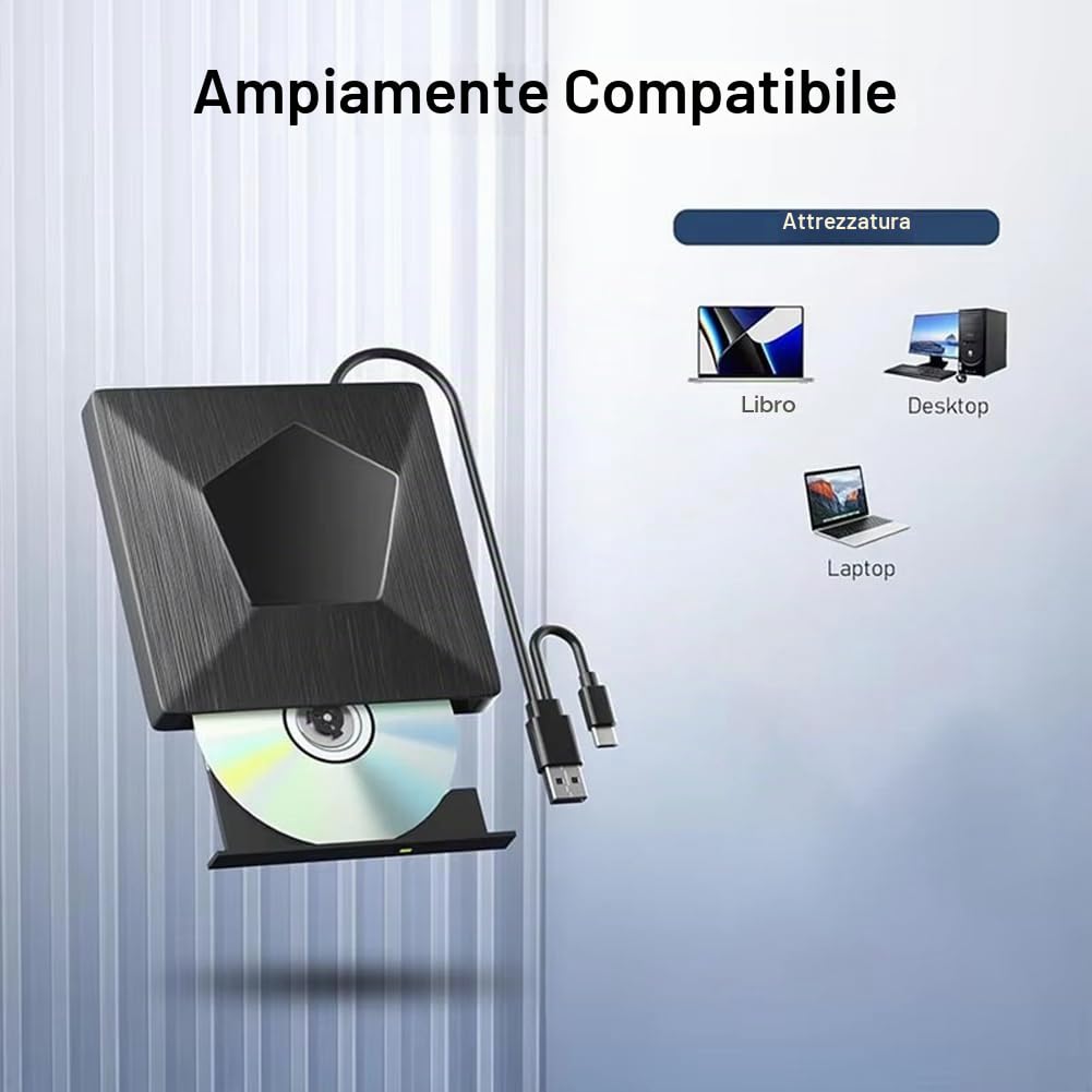 unità Esterna per Lettore di BD/CD/Dvd, Masterizzatore Bluray 3D Portatile Ottico per PC e Laptop.