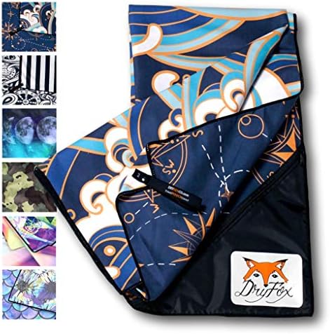 DryFoxCo Quick Dry Reversible Microfiber Beach & Travel Towel with Exclusive Water-Resistant Pocket for Valuables- Compact, Lightweight, Absorbent, Soft, XL 60"x30" - Outdoors, Backpacking, Sports