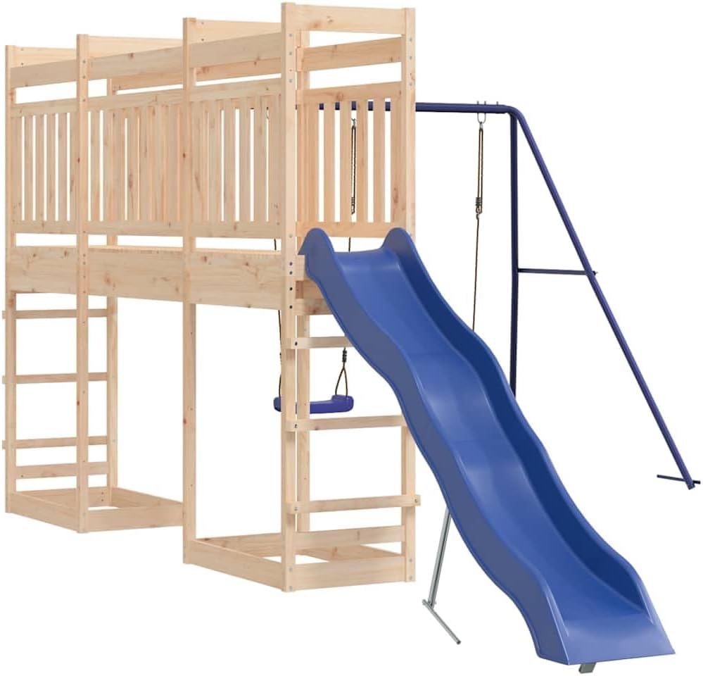 Outdoor Playset Natural Wood Blue Solid Pine Wood Polypropylene with Swings and Slide for Kids Ages 3 to 8 Spacious Play Area Fits Up to Six Kids