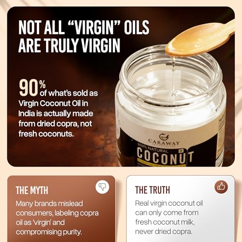 Image of CARAWAY Extra Virgin Coconut Oil - 200 ml | Coconut Oil Virgin Cold Pressed & Centrifuged - Suitable for Baby Massage, Hair Care & Ayurvedic Practices | Rich in MCT's | Glass Packaging