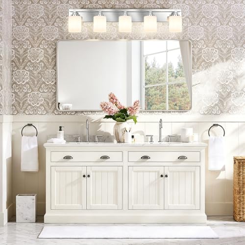 Image of Modern Bathroom Lighting Fixtures Over Mirror, Vanity Lights for Bathroom, Wall Sconces with Milky White Glass Shades, E26 Ceramic Socket, 5-Light 35.4-inch Chrome