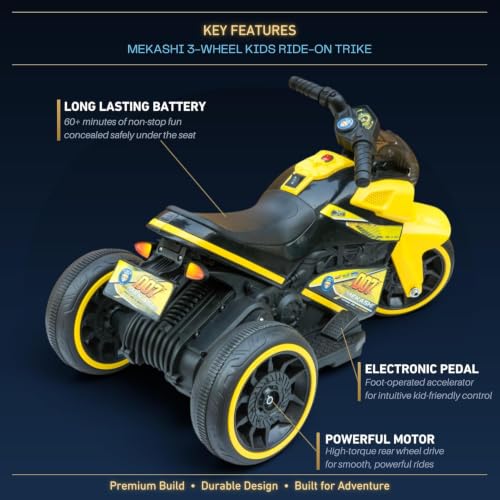 Image of MEKASHI 6V Electric Ride-On Bike for Kids | Bumble Yellow | Battery Operated Motorcycle with Bluetooth Music, LED Headlight, Foot Accelerator & Training Wheels | Ride-On Toy for Boys & Girls 1-4 Years