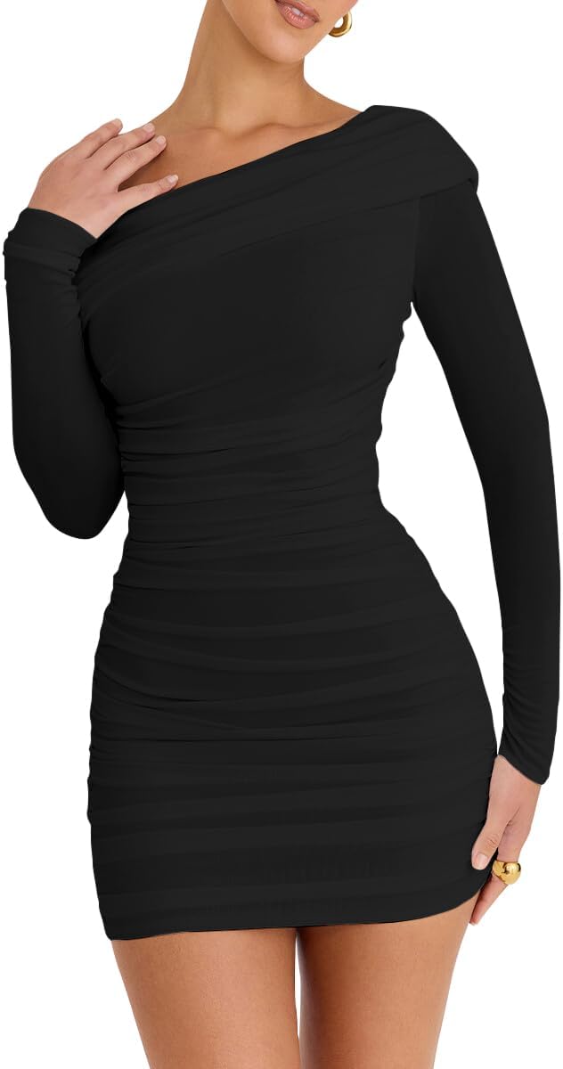 LCNBA Women's Sexy One Shoulder Mesh Long Sleeve Ruched Bodycon Club Party Mini Dress - Image 3