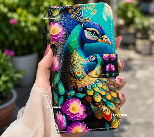 Image of TROUNCE Peacock Print Leather Flip Phone Case Wallet Cover with Card Slot Holder Kickstand for Vivo V20 Multicolor
