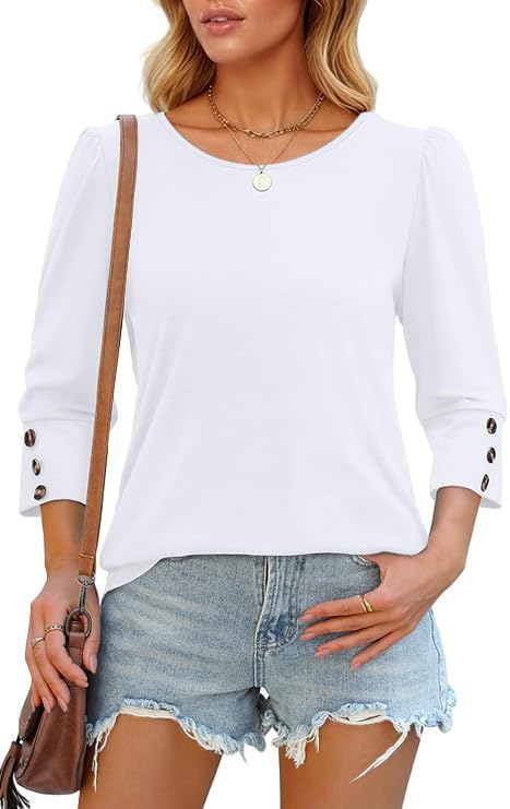 Womens 3/4 Sleeve Tops Dressy Casual Shirt with Buttons Spring Fashion Business Work Tshirts Beach Vacation Outfits - Image 3