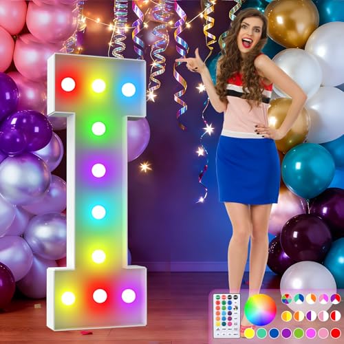 Image of 4FT Colorful Marquee Letters,18-Color Letter I with Remote Control Large Light Up Numbers Sign,Pre-Cut Foam Board Set for Party Decoration, Birthdays, Weddings, Graduations, Baby Anniversaries