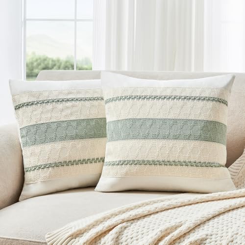 GriNeed Throw Pillow Covers Set of 2 18x18 Inch Boho Pillow Covers, Soft Neutral Cotton Sage Green Decorative Case for Couch Sofa Bed Living Room, Home Modern Woven Farmhouse Cute Decor