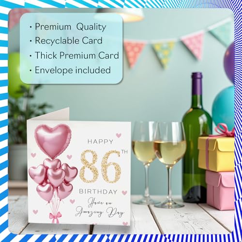 86th Birthday Cards for Women - Pink Glitter Balloons - Happy Birthday Card for 86 Year Old Woman Nan Gran Granny Grandma, 145mm Bday Greeting Cards - Image 2