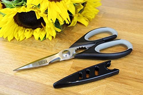 Heavy Duty Kitchen Scissor Shears - Large, Strong, Soft Grip, Dishwasher Safe, Multi-purpose, Utility Food Cooking Snips, Bottle Opener & Safety Sheath. (Grey)