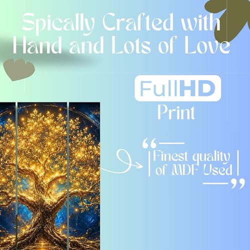 Image of Nozvera Tree of Life Golden 5 Panel Wall Painting | Large 48x24 Inch UV Printed Canvas Art | Glowing Mystical Tree Wall Decor for Living Room, Office, Bedroom | Waterproof Antifade Multipiece Home Decor Gift