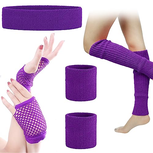 SPOKKI Leg Warmers Fishnet Gloves Headband Wristbands Neon Set, 80s Women Fancy Dress Costume Accessories, 1980s Retro Theme Party Costumes (Purple)