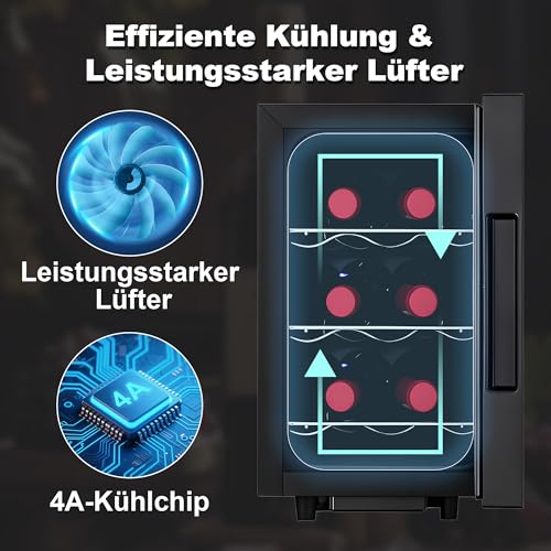 Iceblue Weinkühlschrank, digitale Temperatursteuerung für Weiß- und Rotwein, 6-Flaschen-Weinkühler mit Weinregal, Champagner-Weinkühlschrank für Bar, Zuhause, Küche, Geschenk – Schwarz