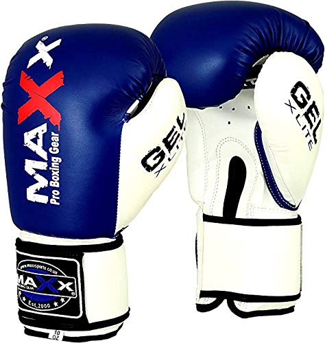Maxx Blue/White Boxing Gloves Men Women Adult Sizes Artificial Leather, Pro Training Sparring, Ventilated Palm, Punching Bag Pads Workout 6 8 10 12 14 16 Oz