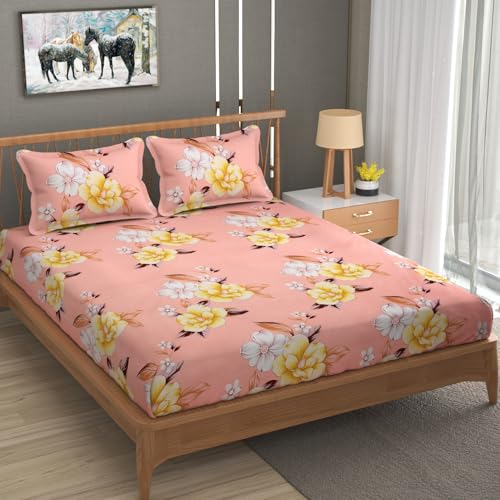 Image of Premium Heavy Cotton Flat Bedsheets with 2 King Size Pillow Covers | Double Bed 350 TC | 90 x 100 Inch King Size Flat | - Baby Pink Flower