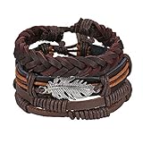 JewelryWe Schmuck 3PCS Leder Armband Set Vintage Feder Blatt geflochten Lederarmband Verstellbar Kordelkette Armreifen handgefertigt Manschette für Herren Damen