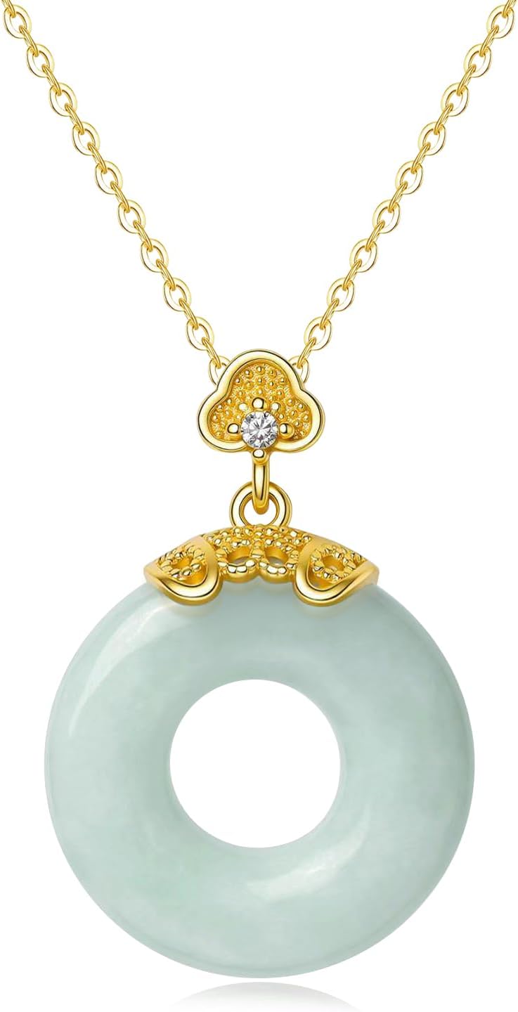 Real Jade Donut Pendant Necklace for Women Genuine Jadeite Circle Round Charm Jewelry Birthday Valentine's Day Gifts for Her Good Luck Protection