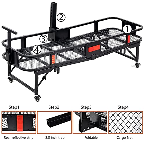 Folding Hitch Mount Cargo Carrier 60" X 21" X 6" - Luggage Basket Rack Fits 2" Receiver, Rear Cargo Rack For Suv, Truck, Car (Includes Cargo Net, Ratchet Straps, Waterproof Cover) - 550Lb Capacity #TOP5