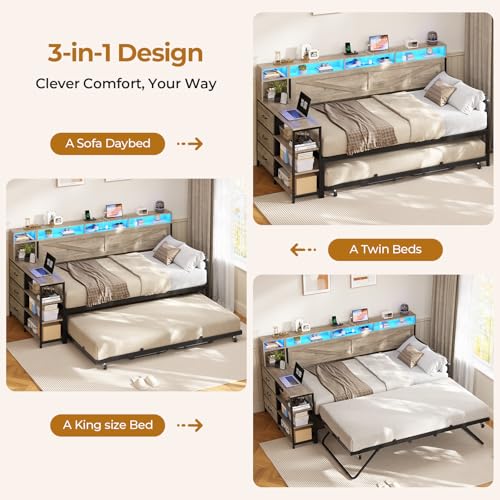 Image of MSmask Daybed with Trundle, Day Bed with 3 Storage Drawers and Headboard, Farmhouse Wooden Twin to King Daybed Frame with Charging Station and LED Lights for Bedroom, Grey