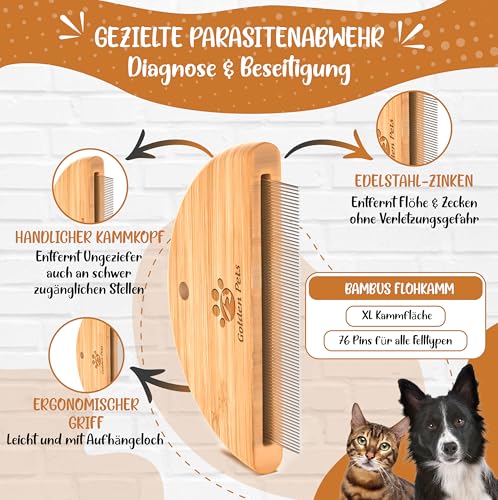 Golden Pets Bambus Flohkamm I Entfernt Flöhe bei Hunde & Katzen I Läusekamm, Staubkamm, Haustierkamm, Zeckenbürste, Nissenkamm + E-Book Pflegehandbuch