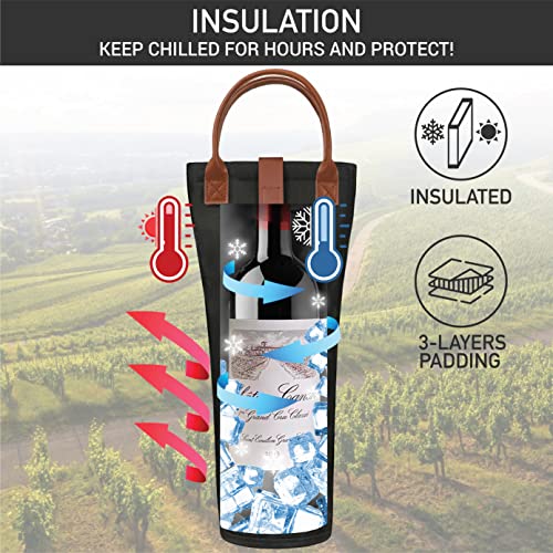 OPUX Single Bottle Carrier Tote, Insulated Travel Cooler Bag for Picnic, Beach, Gift - Thermal Padded Portable One Bottle Holder Carrying Case for Women & Men Wine Lovers, Black