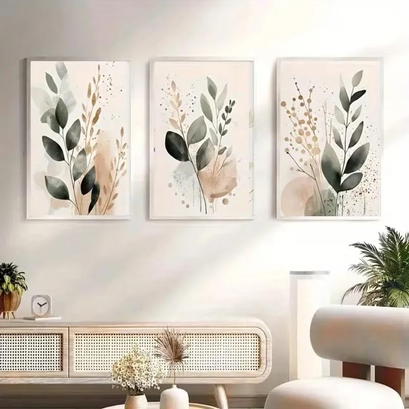 Affiches sur toile abstraites et décoration moderne de salon : triptyque feuilles vertes