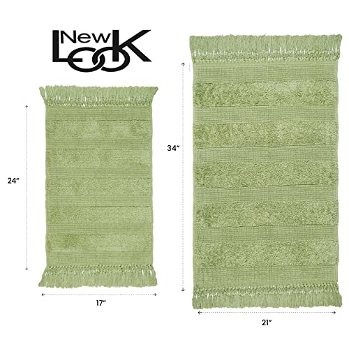 Set Of 2 100% Cotton Bath Rug 1(17X24)+1(21X34) Sage Super Soft Loop, Tufted Stripe Design With Double Knotted Fringes Machine Washable Bath Rugs For Bathroom, Kitchen, Water Absorbent Fast Dry #TOP1