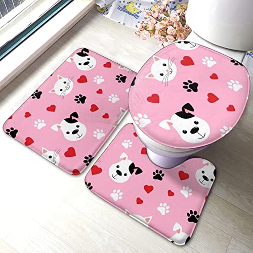 DIRYKILP Badematte + Konturmatte + Toilettendeckelbezug, Süße Cartoon Katzen und Hunde 3 Stück Badematte Set, mit Anti-Rutsch-Klebeboden