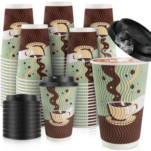 48 pack 16 oz Disposable Coffee Cups with Lids, Corrugated Ripple Wall Insulated Paper Cups for Winter Cahristmas Hot Cold Drink, Home, Office, Coffee Bar