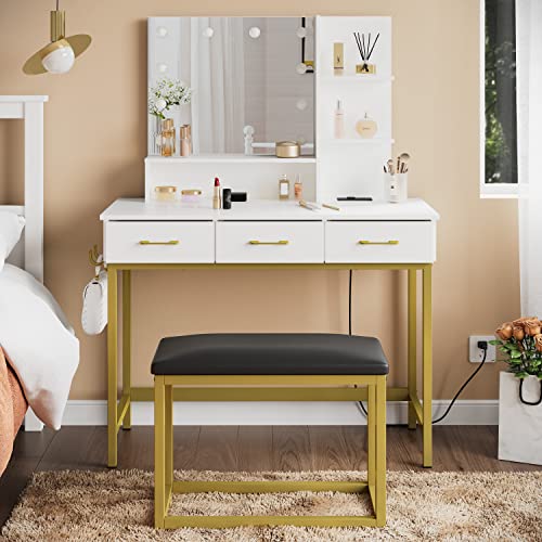 Bestier Vanity Desk With Mirror And Lights, Makeup Vanity With Wider Cushioned Stool, Vanity Set With Usb Power Outlet, 3 Drawer Dresser For Bedroom, White & Gold #TOP5