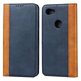 iCoverCase Compatible with Google Pixel 3a XL Wallet Case, Premium PU Magnetic Leather Card Slots Holder Kickstand Soft TPU Flip Cover Case (Blue+Khaki)