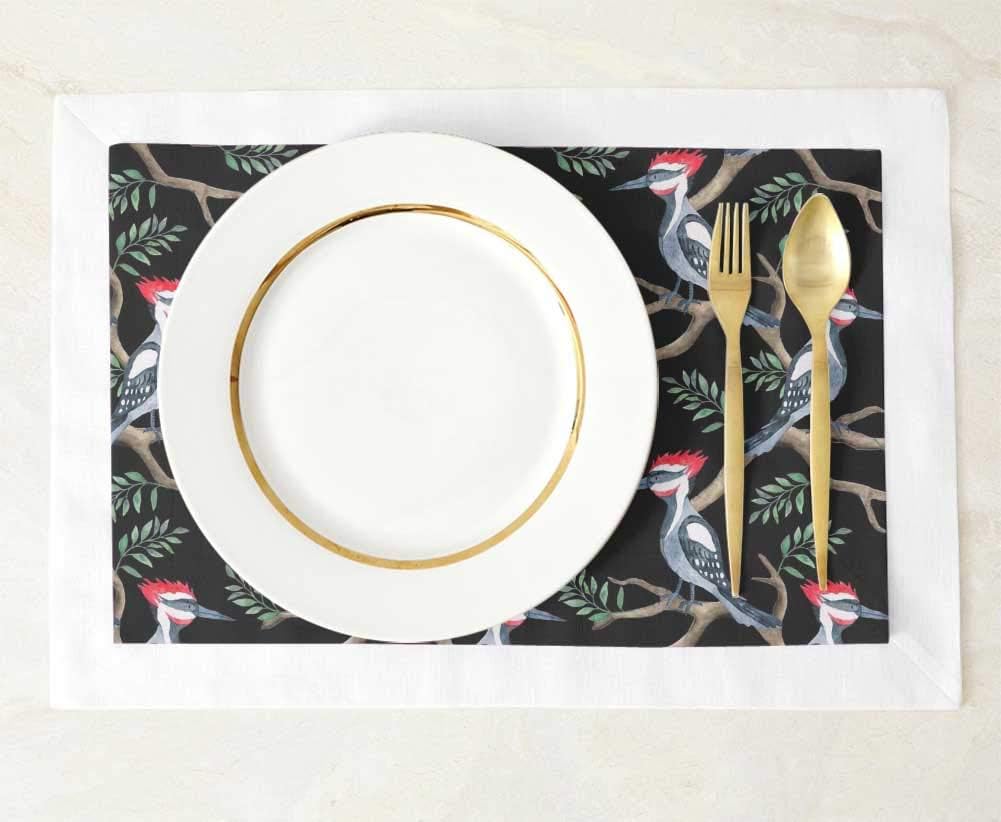 S4Sassy Black Pecan Leaves & Woodpecker Bird Table Decor Reversible Dining Washable Placemats Set-12 x 18 Inches-6 Pcs