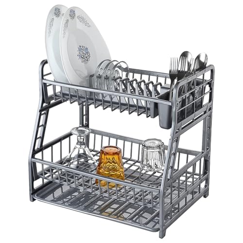 2-Tier Plastic Plated Dish Drainer Rack Glasses Crockery Cutlery Utensil Drainer with Drip Removable Tray (Silver)