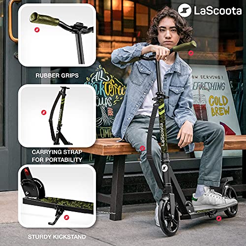 Image of LaScoota Kick Scooter for Kids Ages 6+, Teens & Adults, Large 8 inch Sturdy Urethane Wheels. Adjustable Handlebar, Lightweight, Foldable, 220lbs Max Load