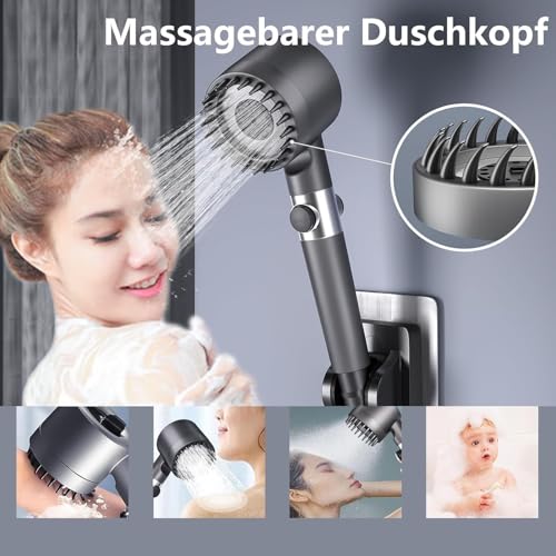 Duschkopf mit Filter Hochdruck Handbrause mit Schlauch,4 Strahlarten Duschkopf Wassersparend mit Filtration, Sparduschkopf mit Antikalk-Funktion Duschbrause für Rest-Chlor,Schwermetall usw Grau