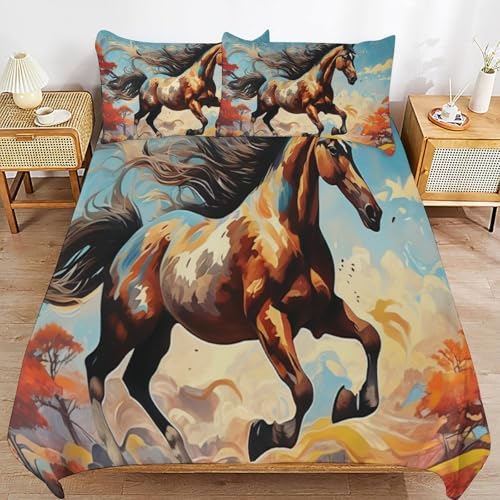 Horse Bed Linen 3-Piece Boys Girls Soft Microfibre Print Duvet Cover, Animal Bed Linen, Multicoloured (B, 220 x 240 cm + 50 x 75 cm x 2))