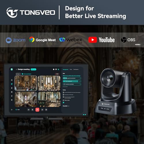 Image of TONGVEO AI Wireless PTZ Camera System with Auto Tracking Built-in Receiver & Bluetooth Speakerphone, 5.8GHz 1080P 60fps Conference Camera with 3X Optical Zoom, for Church Zoom, OBS Meetings