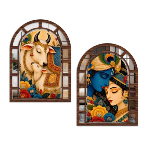 Image of Artvibes Radha Krishna & Kamdhenu Cow Theme Decorative Wall Accent | Arched Jharokha Mirror for Living Room, Bedroom, Hall, Prayer Room, Foyer, Office & Dining Room | Gift (WHJ 12025N), Set of 2
