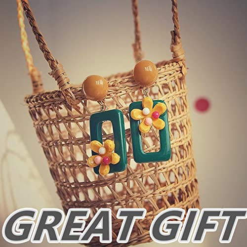 Clip On Dangle Earrings For Women Girls La Luen Non Pierced Green Geometric Resin Daisy Flowers Earrings Fashion Boho Rectangle Hypoallergenic Lightweight Jewelry Gift (Rectangle-Clip On Earrings) #TOP1