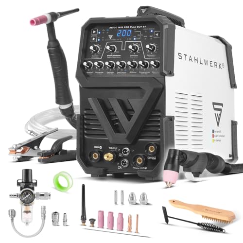 STAHLWERK Poste à souder combiné 3-en-1 AC/DC TIG 200 Puls CUT ST – TIG & MMA (ARC) jusqu'à 200 A, Découpe plasma jusqu’à 45 A et épaisseur de coupe...