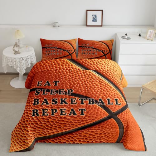 Image of Feelyou Basketball Comforter Set King Size Ball Pattern Bedding Set for Kids Boys Girls Eat Sleep Sports Theme Duvet Quilt Bedroom Decor Microfiber 3 Pcs with 2 Pillow Cases