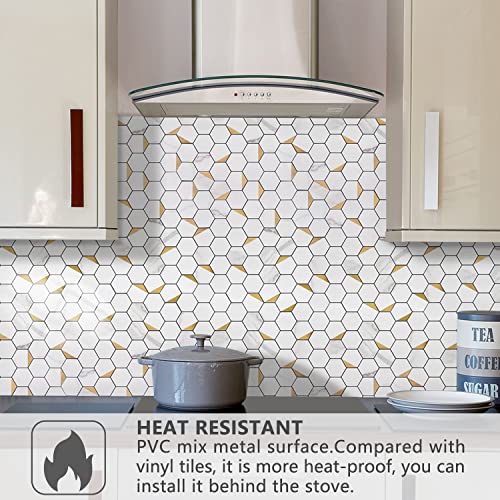 Stickgoo Peel And Stick Backsplash For Kitchen, Self-Adhesive Tile Hexagon Mosaic Tiles (10 Sheets, White Marble With Metal Gold ) #TOP1