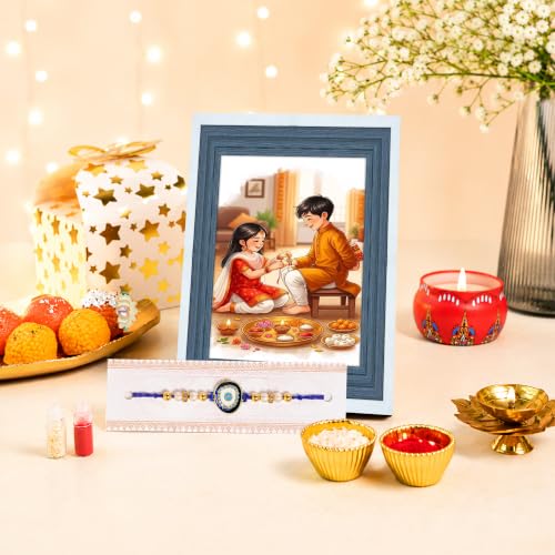 Image of Art Street Table Rectangular Photo Frame with Evil Eye Rakhi, Plexi Glass, Engineered Wood Step Photo Frame for Home and Office Decoration Tabletop (Blue, Size- 4x6 Inch)
