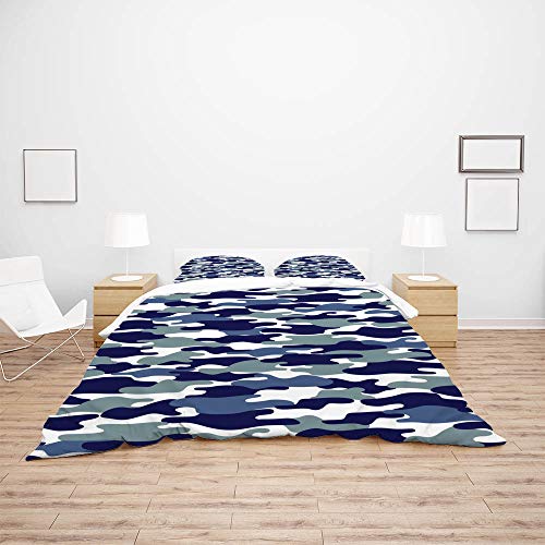 Housse de couette sans pli parure lit double camouflage bleu anti bouloche - 4