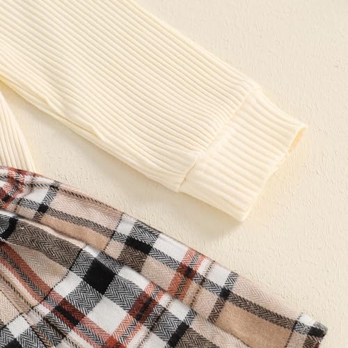 Image of BeQeuewll Fall Winter Toddler Baby Girl Clothes 2Pcs Long Sleeve Ribbed Knit Shirt Plaid Skirt 1T 2T 3T 4T 5T Girls Dress