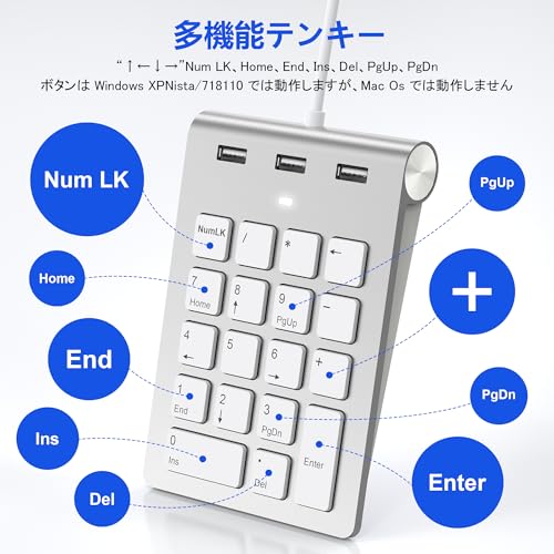 テンキー 有線 USB ハブ 3ポート バスパワー 薄型 18キー テンキーボード Mac用 USB-A接続 3つのUSB2.0ポートを装備 Mac キーボード テン キー PC/Laptop/Windows/iOS/Android 対応 多機能外付けテ ンキー
