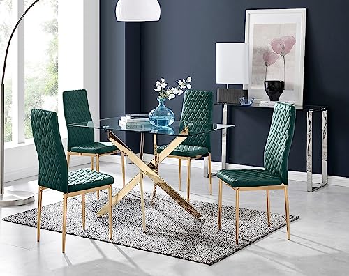 Furniturebox UK Leonardo 4 Gold Dining Table and 4 Green Velvet Milan Gold Leg Chairs