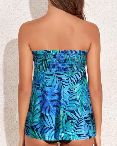 Image of Womens Tankini Swim Tops Bandeau Bathing Suit Top No Bottom | Removable Straps and Pads, Tummy Control Flowy Design