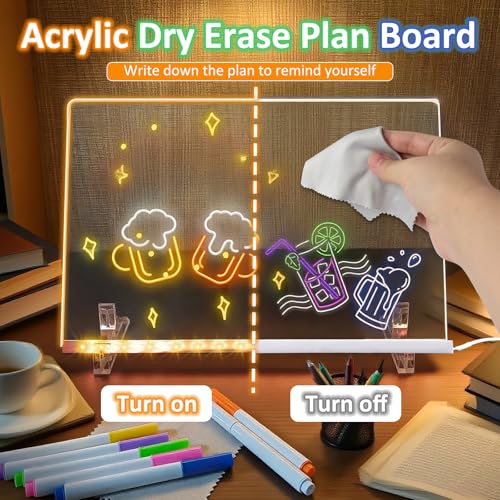 Notiztafel mit Farben 30x20cm, Transparente Acryl Notiztafel mit 7 Farben Stift und Ständer, Abwischbar, LED Zeichentafel, für Schreibtisch, Café, Büro, Schule, Zuhause