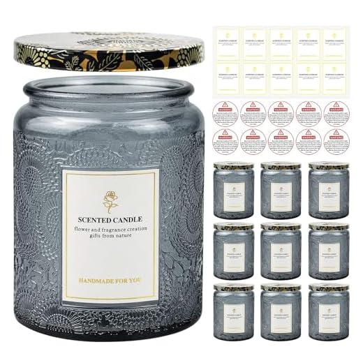 8.8OZ, 9 Pack Embossed Candle Jars for Making Candles, Empty Glass Containers with Tin Lids and Sticker Label, Warning Label for Candle Making Candle DIY Craft (Grey)